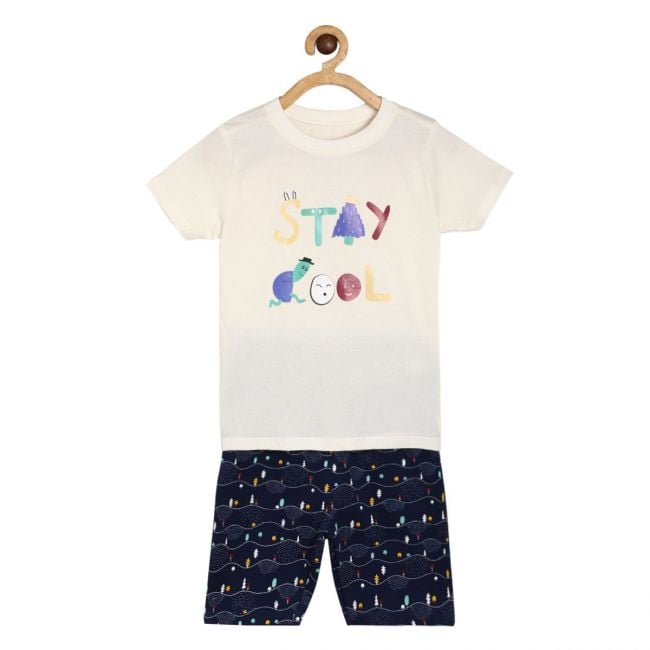Boys Off White/Navy 2 Piece T-Shirt And Bottom