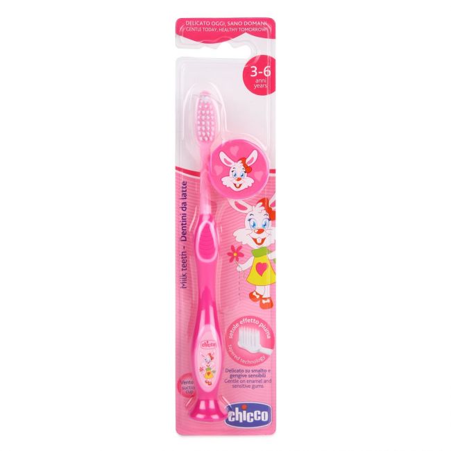 Chicco Pink Toothbrush 3 to 6 Years, Soft Toothbrush with ultra-fine ends for a delicate action on enamel and sensitive gums
