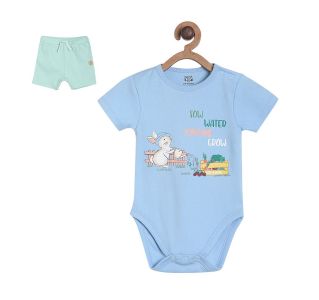 Blue Bodysuit With Growing Own Veg Graphic Paired With Pastel Green Knit Shorts 