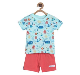 Pack of 2 tee and shorts set - turquoise blue & red